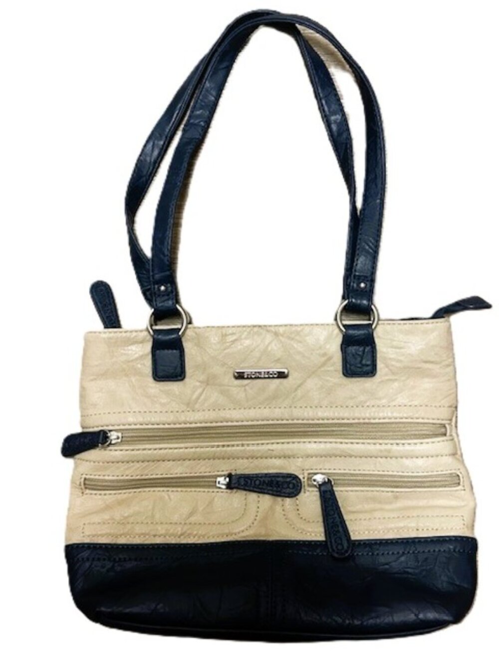 Stone & Co Washed Leather Purse Double Strap Shoulder Beige Navy Read